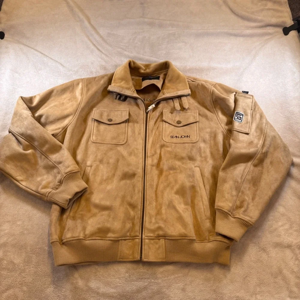 Sean John Tan Faux Suede Utility Bomber Jacket Streetwear Hip Hop Y2K Sz XXL
